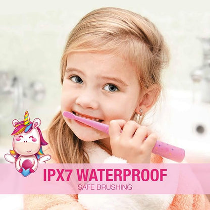 Vekkia Sonic Rechargeable Kids Electric Toothbrush, 3 Modes with Memory, Fun & Easy Cleaning, 24000 Strokes, IPX7 Waterproof, 2-Min Timer for Age 5+, 4 Soft Bristles(Pink)