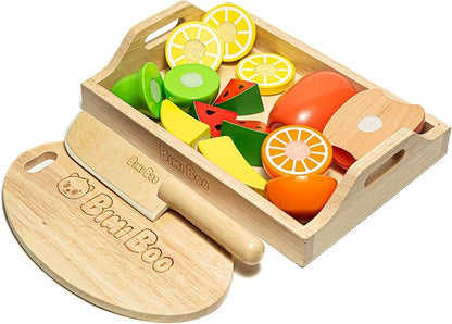 Bimi Boo Wooden Cutting Fruit Set Toy - Play Food Kitchen Accessory, Pretend Play for Toddlers (6 Fruits, Knife, Cutting Board, and Storage Tray)