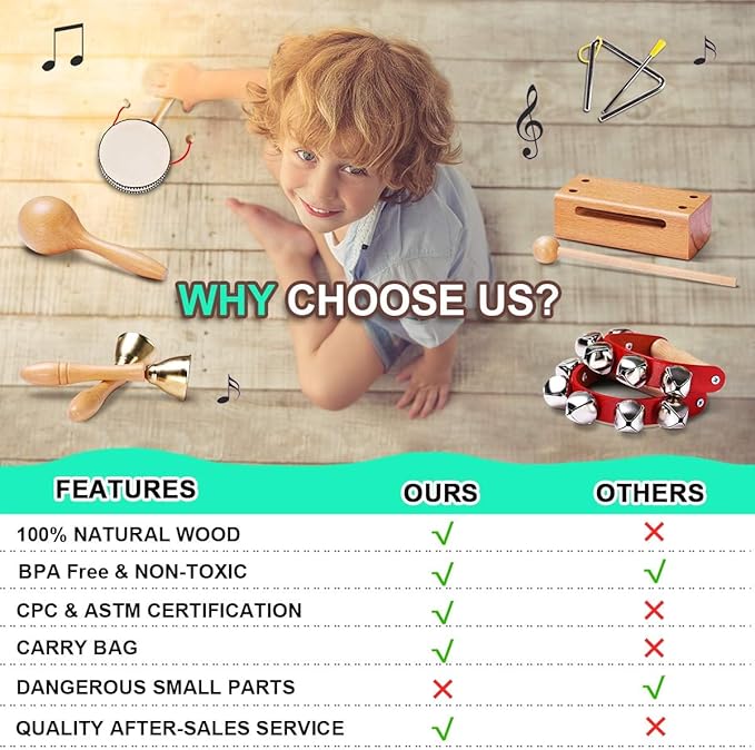 LOOIKOOS Baby Musical Instruments Montessori Toys for Toddlers 1-3,Natural Wooden Percussion Instruments Set for Kids Preschool Educational Musical Toys for Ages 5-9