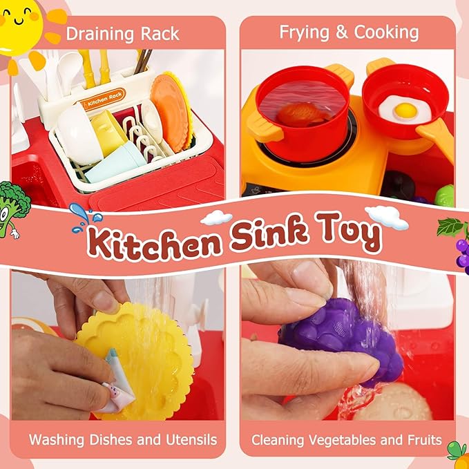 Kids Play Sink with Running Water, Toddler Sink Toy with Running Water with Electric Faucet, Kids Play Kitchen Sink Playset, Kids Play House Pretend Role Play Dishwasher Toy for Boys Girls, Red