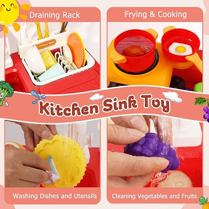 Kids Play Sink with Running Water, Toddler Sink Toy with Running Water with Electric Faucet, Kids Play Kitchen Sink Playset, Kids Play House Pretend Role Play Dishwasher Toy for Boys Girls, Red