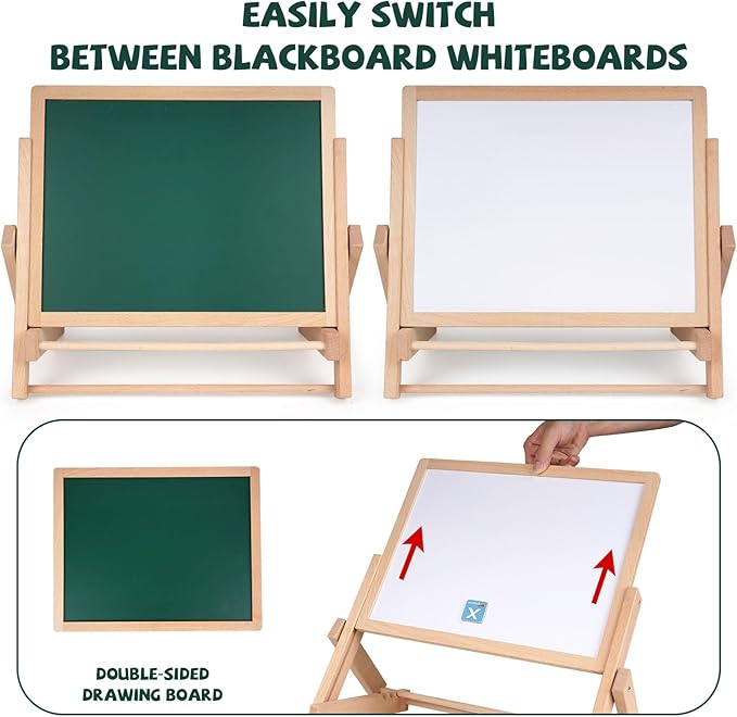 Kids Art Easel with Double-Sided Blackboard and Whiteboard, Wooden Tabletop Easel with Magnetic Letters & Numbers, Foldable Art Board - Educational Drawing & Learning Board for Toddlers & Children