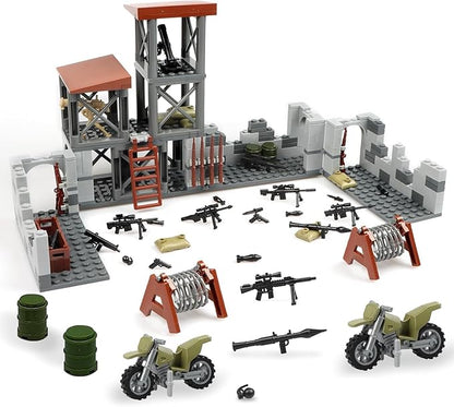 Finger Rock Military Base Building Block Set, WW2 Army Mini War Accessories Kits, Military Ruins Guard Tower Guns Army Supplies Block Toy for Kids 8 10 12 14