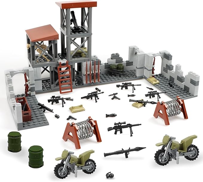 Finger Rock Military Base Building Block Set, WW2 Army Mini War Accessories Kits, Military Ruins Guard Tower Guns Army Supplies Block Toy for Kids 8 10 12 14