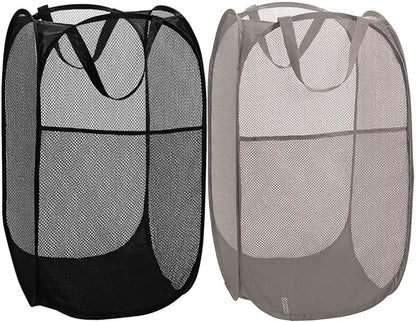 BATTOO Deluxe Strong Mesh Pop up Laundry Hamper Basket with Side Pocket Foldable Hamper for Laundry Room, Bathroom, Kids Room, College Dorm or Travel Black + Grey