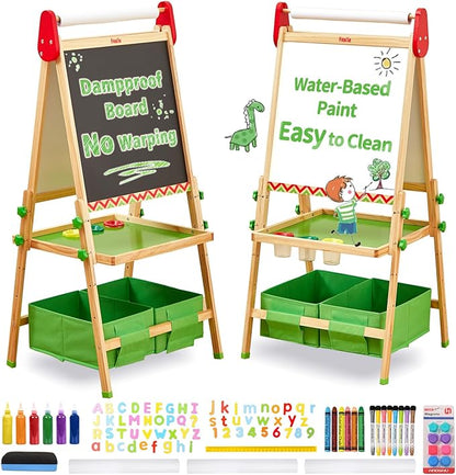 FUNLIO Anti-Warping Kids Art Easel, 3 Height Adjustable for Kids Aged 2-8, All-in-One Toddler Easel with Paper Roll & Erasable Frame, Standing Easel with Magnetic Chalkboard/Whiteboard (Green)
