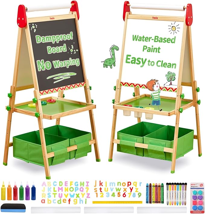 FUNLIO Anti-Warping Kids Art Easel, 3 Height Adjustable for Kids Aged 2-8, All-in-One Toddler Easel with Paper Roll & Erasable Frame, Standing Easel with Magnetic Chalkboard/Whiteboard (Green)