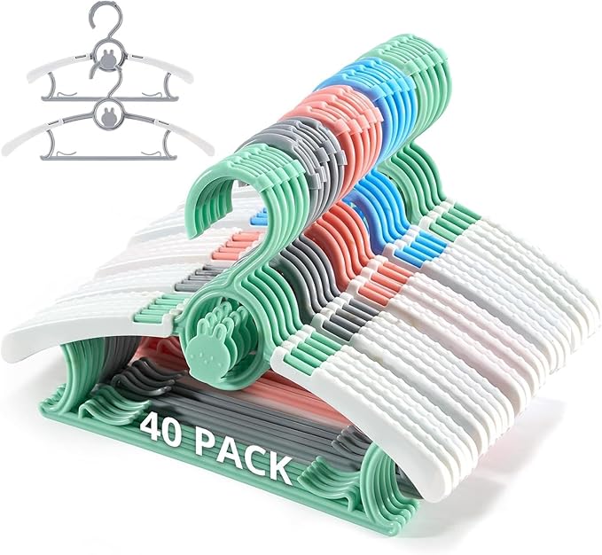 Baby Hangers for Closet Adjustable Kids Hangers 40 Pack 11"-14" Baby Hangers in Mixed Colors for Kids' Closet, Children Non-Slip and Extendable Clothes Hangers for Nursery Infant Toddle