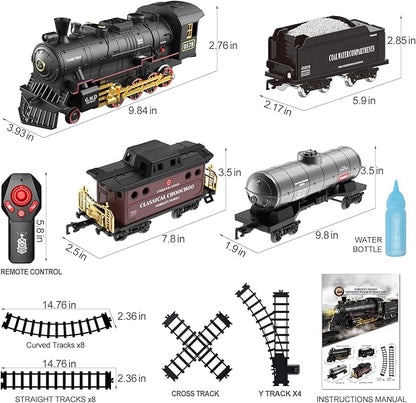 Hot Bee Train Set for Boys, Alloy Remote Control Train Toys with Steam Locomotive Cargo Cars Tracks, Trains with Realistic Smoke Sound Lights,Christmas Train Toys Gifts for 3 4 5 6 7 8+ Years Old Kids