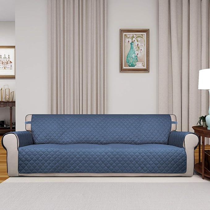 PureFit Reversible Quilted Sofa Cover, Water Resistant Slipcover Furniture Protector, Washable Couch Cover with Non Slip and Elastic Straps for Kids, Dogs, Pets (XX Large, Dark Blue/Light Blue)