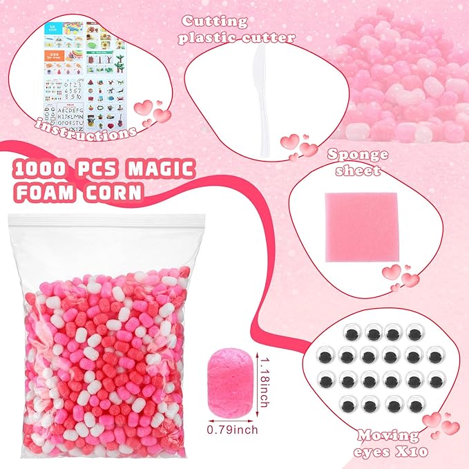 Junkin 1000 Pcs Magic Noodles Foam Crafts Puffs Corn Super Crafts Arts Kit Bulk Building Blocks Model Toys Valentines Kid Gifts for Kindergarten School Stimulates Creativity Supplies(Elegant Color)
