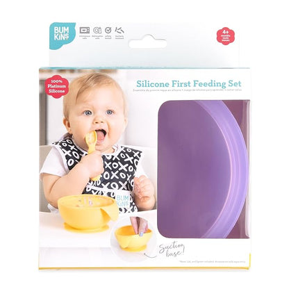 Bumkins Baby Bowl, Silicone Feeding Set with Suction for Baby and Toddler, Includes Spoon and Lid, First Feeding Set, Training Essentials for Baby Led Weaning for Babies 4 Months Up, Purple Jelly