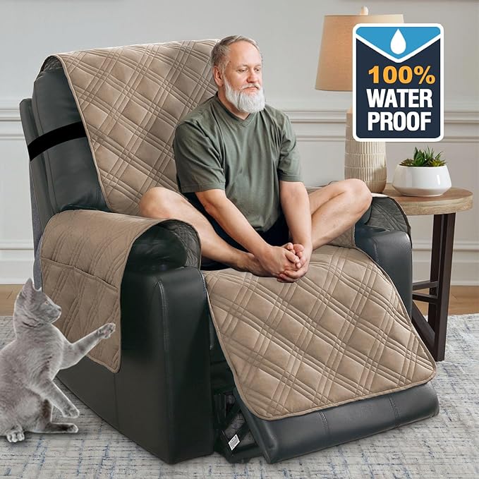 H.VERSAILTEX 100% Waterproof Recliner Cover Electric Power Lift Recliner Chair Covers with Elastic Band Recliner Cover Fitted Standard Large Power Lift Recliner with Storage Pockets,Taupe/Beige