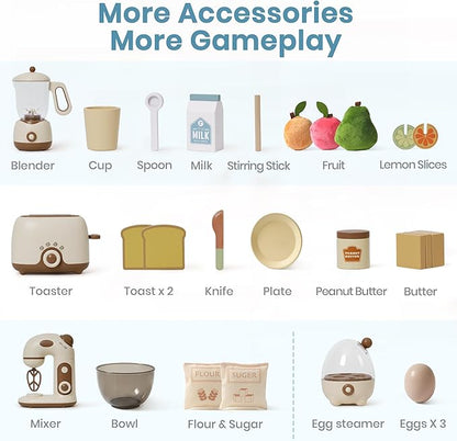 ROBOTIME Kids Toy Kitchen Set - Wooden Play Kitchen Appliances with Toaster, Mixer, Blender with Realistic Sounds, Play Kitchen Accessories Toy Food Set for Kids - Kitchen Playset for Toddlers(4-Set)
