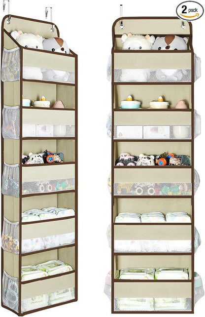 Yecaye 2 Pc Over the Door Organizer with 5 Bins 10 Side Pockets, 44lbs Load Hanging Bathroom and Bedroom Organizer, behind the Door Hanging Organizers for Nursery Newborn Baby Essential Stuff Beige