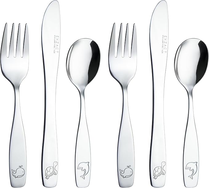 Exzact Children Flatware 6pcs, Stainless Steel Kids Silverware Toddler, Dishwasher Safe, BPA Free, 24M+, Engraved Ocean Creatures Dolphin, Turtle, Whale