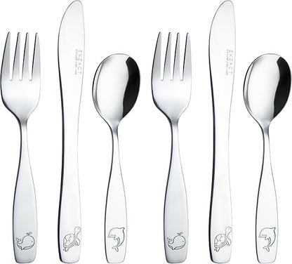 Exzact Children Flatware 6pcs, Stainless Steel Kids Silverware Toddler, Dishwasher Safe, BPA Free, 24M+, Engraved Ocean Creatures Dolphin, Turtle, Whale
