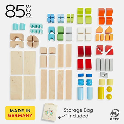 HABA Colored Wooden Building Blocks- Set of 85 Piece Set of Wooden Toys, Stacking Toys for Toddlers 1-3 Ideal Open Ended Toys (Made in Germany)