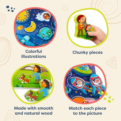 B. toys- Peek & Explore 2-Pack - Outer Space & School Bus- Chunky Puzzle Pack – Puzzles for Toddlers, Kids- 8 Pieces Each – 2 Years +