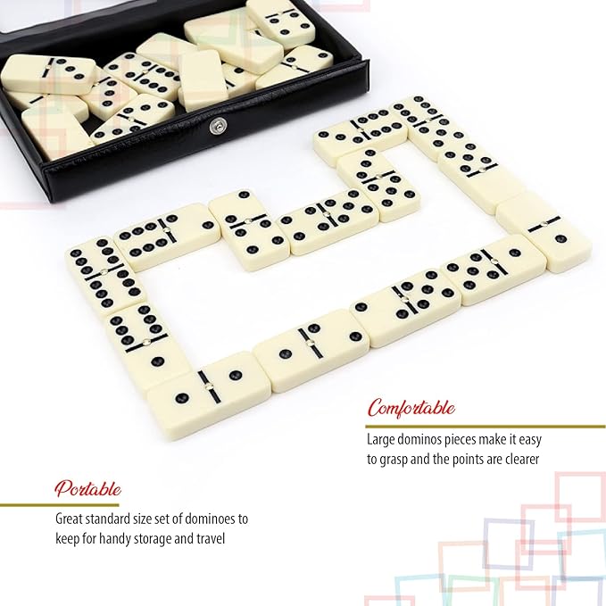 Premium Double 6 Dominoes Set, Classic Domino Game with Vinyl Case, Jumbo Tiles for Adults & Kids, Mexican Train & Family Game Night