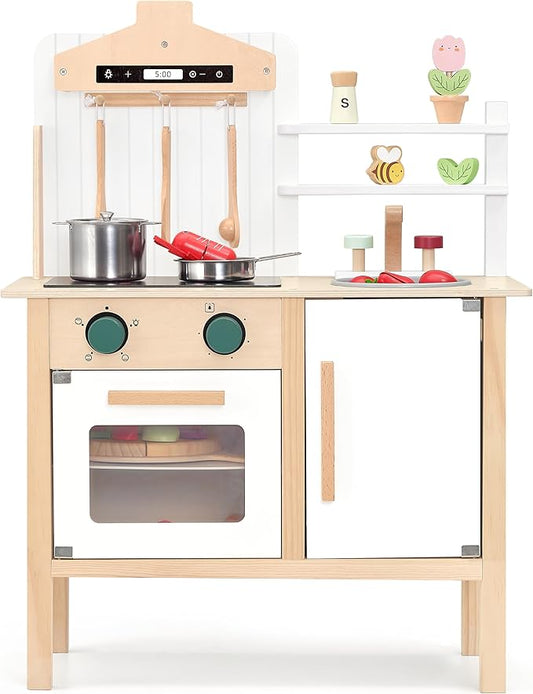 PairPear Play Kitchen for Kids, Wooden Toys Kids Kitchen Playset for Girls and Boys, Mordern Designed Toys Kitchen Gift with Play Food Kitchen Accessoires for 3Y+