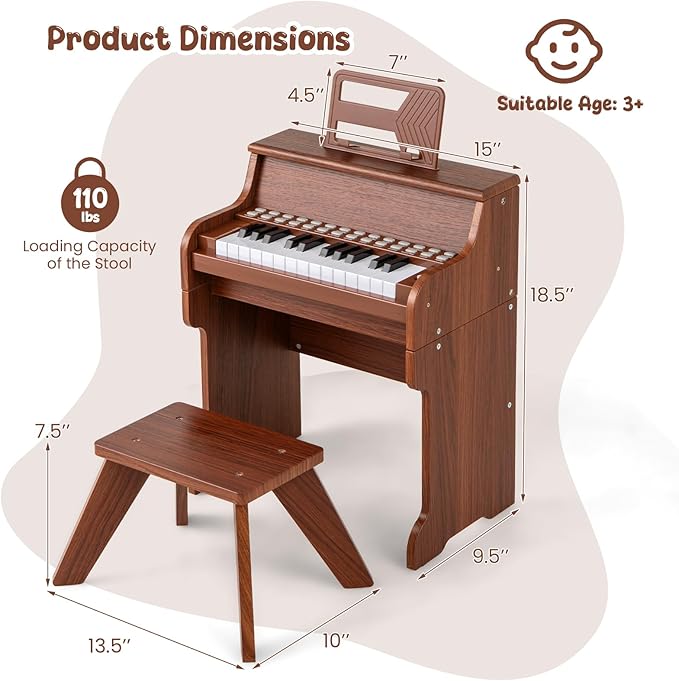 HONEY JOY Wooden Kids Piano, 25 Lighted Keys Kids Keyboard Piano w/Music Stand, Bench, Early Learning Educational Musical Instrument, Baby Music Toy for 3+ Years Old Toddlers Boys Girls (Brown)