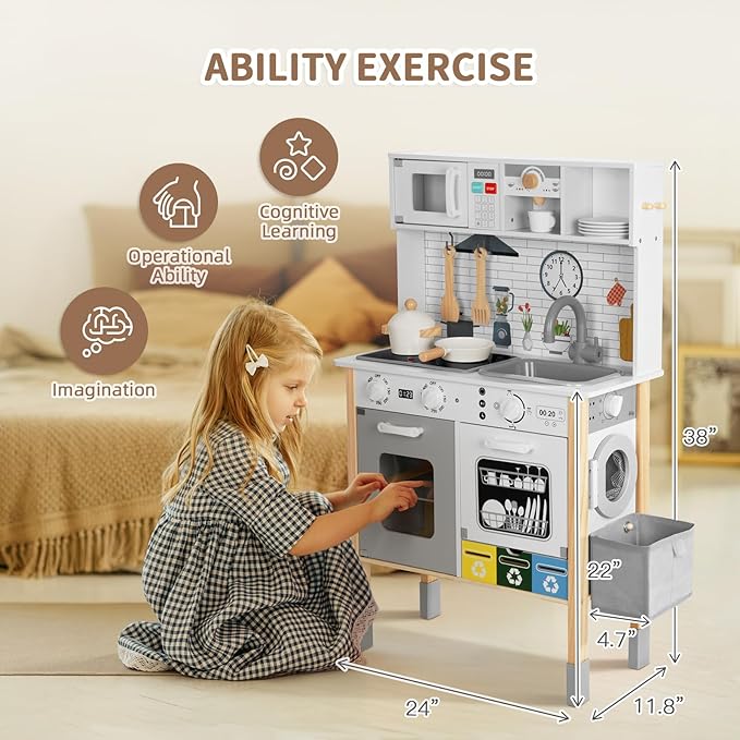 Kids Kitchen Playset with Garbage Classification, Wooden Pretend Play Kitchen with Sound and Light, Kitchen Set for Kids Equipped with Blackboard, Worldmap ect., Gift for Boys and Girls Aged 3+