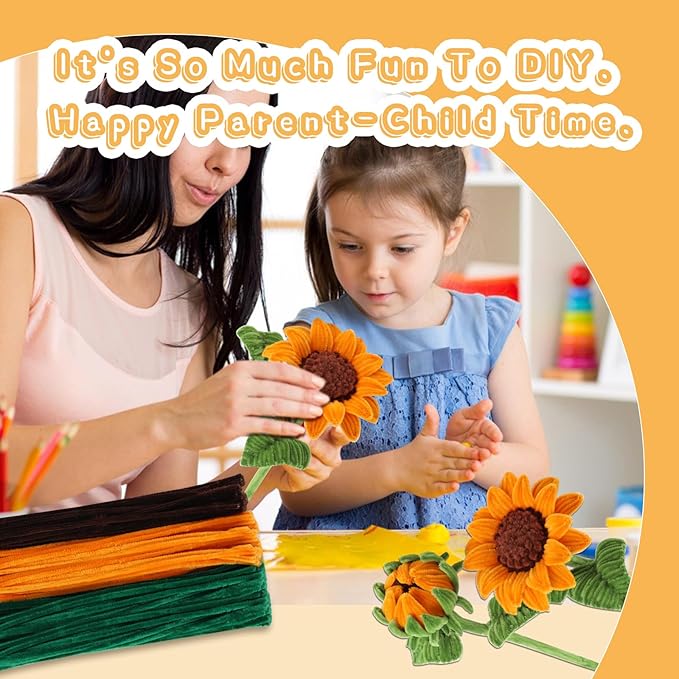 190PCS Pipe Cleaners Chenille Stem Craft Flower Supplies, Pipe Cleaner Flowers Crafts, Pipe Cleaner Sunflowers Kit with Instructions, 3 Colors Pipe Cleaners Set for DIY Craft Decorations-2 Flowers