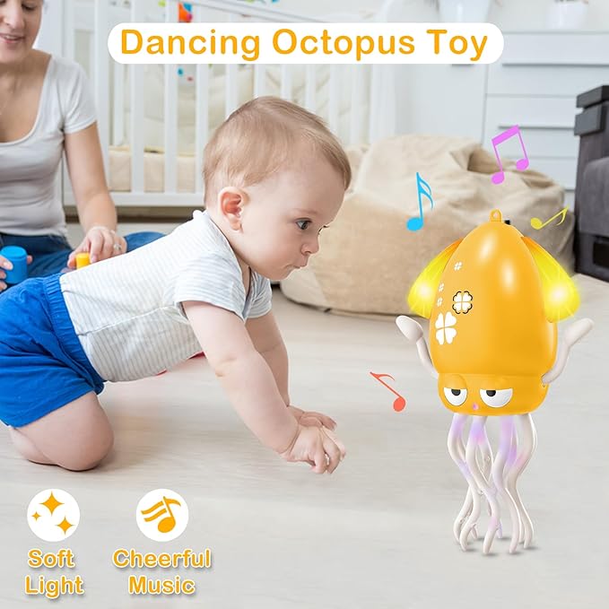 Plnmlls Dancing Octopus Toy,Tummy Time Toys,with Music and LED Light,Built-in Rechargeable Battery and Volume Can be Turned Off for 6-12 12-18 36 Months Walking Toddler Birthday Gift(Amber)