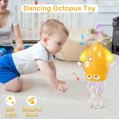 Plnmlls Dancing Octopus Toy,Tummy Time Toys,with Music and LED Light,Built-in Rechargeable Battery and Volume Can be Turned Off for 6-12 12-18 36 Months Walking Toddler Birthday Gift(Amber)