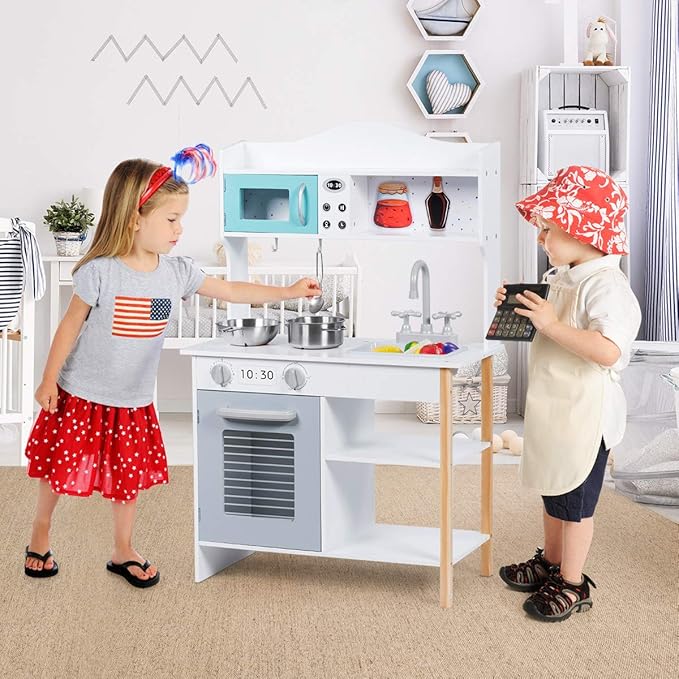 ARLIME Kids Kitchen Playset, Wooden Toy Toddler Kitchen w/ Simulated Sound, Accessory Utensils, Blackboard, Sink, Stovetop, Cabinets, Pretend Play Kitchen for Boys Girls