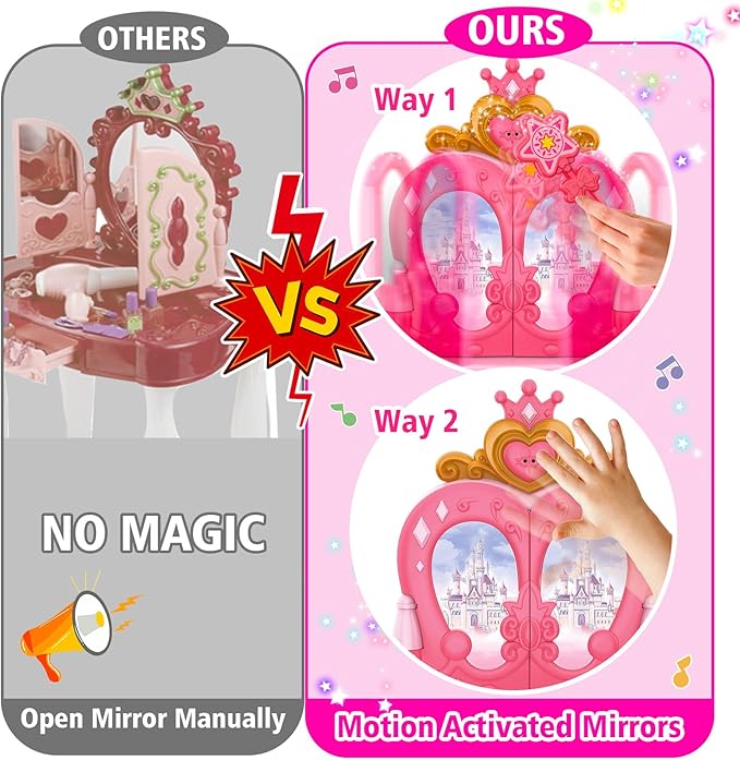 Toddler Vanity Magic Makeup Set Table & Chair Girl Toy Automatically Mirror with Music Light Pink Toys for 2 3 4 Year Old Girl Hair Salon Pretend Play Princess Dress Up Playset Valentine Gift Age 3-5