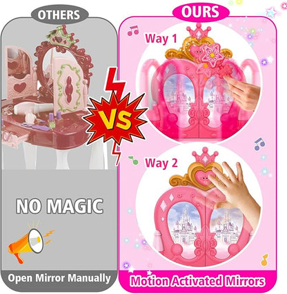 Toddler Vanity Magic Makeup Set Table & Chair Girl Toy Automatically Mirror with Music Light Pink Toys for 2 3 4 Year Old Girl Hair Salon Pretend Play Princess Dress Up Playset Valentine Gift Age 3-5