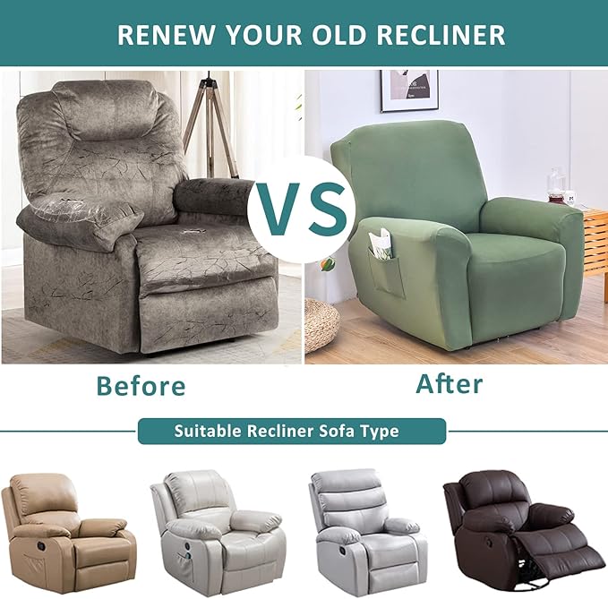 NILUOH Stretch Recliner Cover 4 Pieces Electric Power Lift Recliner Chair Cover Reclining Couch Cover Anti-Slip Fitted Furniture Protector with Side Pocket