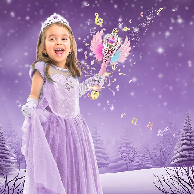 Light Up Snowflake Wand with Spinning LEDs and Sound Magic Princess Toys for Kids Girls Birthday Cosplay Party Favors, Pink