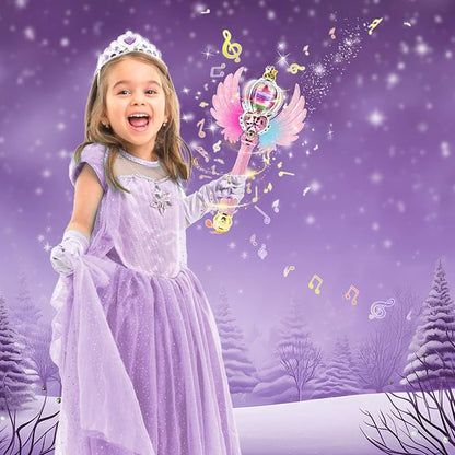 Light Up Snowflake Wand with Spinning LEDs and Sound Magic Princess Toys for Kids Girls Birthday Cosplay Party Favors, Pink