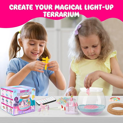 ACRABROS Unicorn Terrarium Kit for Girls: LED & Glow Stones Present for Birthday - DIY Art for Activity Toy Gift - Light up Decoration with Sand Set - Craft Idea for Kids Age 4 5 6 7 8-12 Year Old