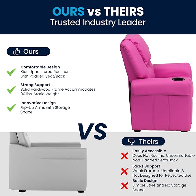 Flash Furniture Vana Vinyl Kids Recliner with Cup Holder, Headrest, and Safety Recline, Contemporary Reclining Chair for Kids, Supports up to 90 lbs., Hot Pink