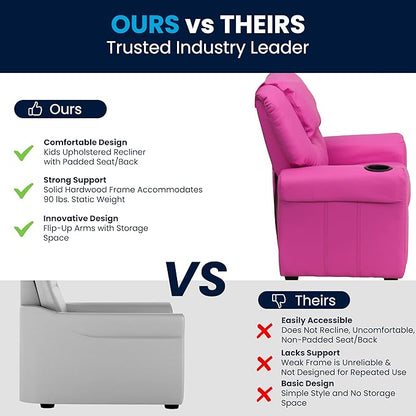 Flash Furniture Vana Vinyl Kids Recliner with Cup Holder, Headrest, and Safety Recline, Contemporary Reclining Chair for Kids, Supports up to 90 lbs., Hot Pink