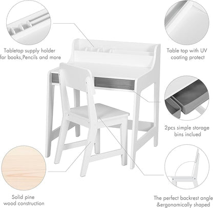 UTEX Kids Desk and Chair Set, Study Desk for Kids with Storage Bins, Wooden Children Study Table, Student Writing Desk for Bedroom & Study Room