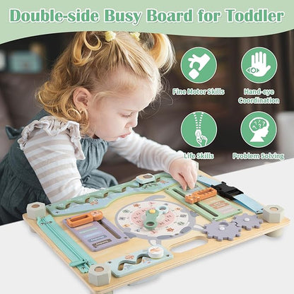 Double-Sided Wooden Busy Board for Toddlers, Sensory Activity Board, Montessori Travel Toy for Kids Age 2-5, Educational Toy for Autism, Ideal Choice for Baby Girls or Boys Birthday