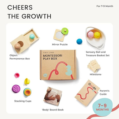 Tiny Land Montessori Toy Set for Babies 7-9 Months Senser Play Kit - 5-in-1 Wooden Learning Toys with Object Permanence Box, Sensory Ball, Stacking Cups and Mirror Puzzle,Body Board Book
