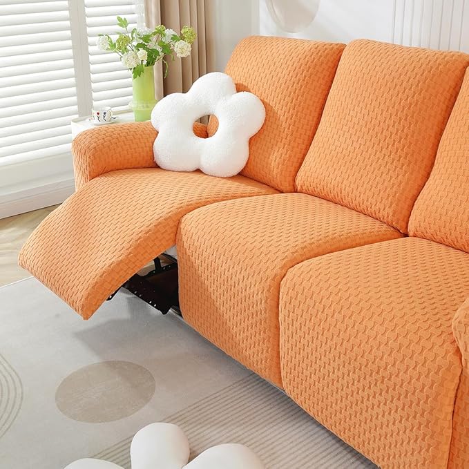 vctops 8 Pieces Jacquard Plush Recliner Sofa Covers Stretch Soft 3 Seats Couch Cover Anti-Slip Solid Color Sofa Slipcover Furniture Protector with Elastic Bottom for Kids Pet (Orange,3 Seat)