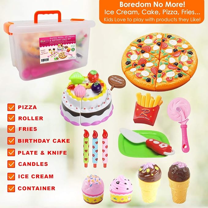 FUNERICA Play Food Goodies Set with Storage Box - Features Cutting Pizza, Ice Cream, Toy Birthday Cake, Fries, Dessert – Pretend Kitchen Toys for Toddlers, Boys, Girls