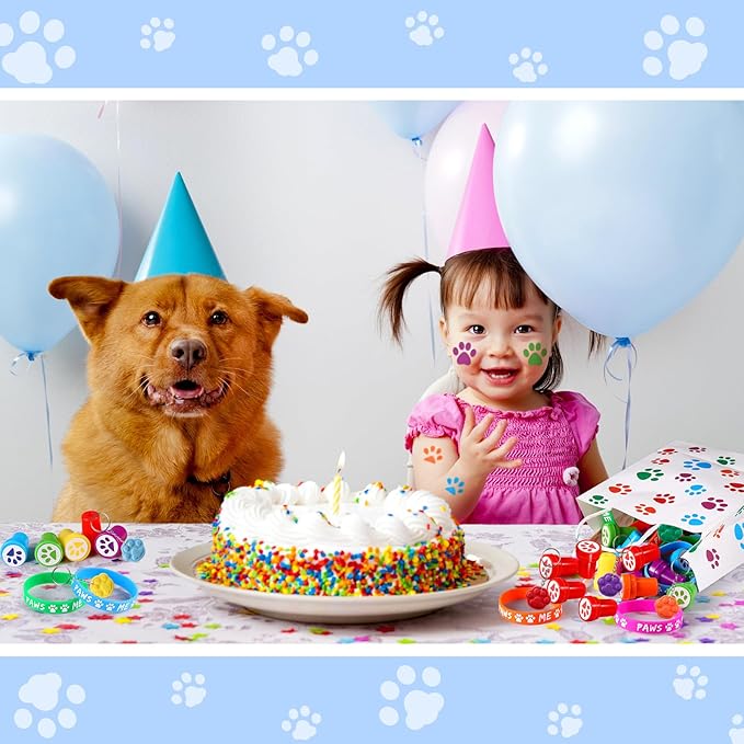 Skylety 58 Pcs Dog Paw Print Party Favors Set, Paw Print Stamps Rubber Silicone Bracelets Sticker Keychain, Puppy Birthday Party Favors Patrol Supplies, Gift Bag Stuffer (Multi Colors)