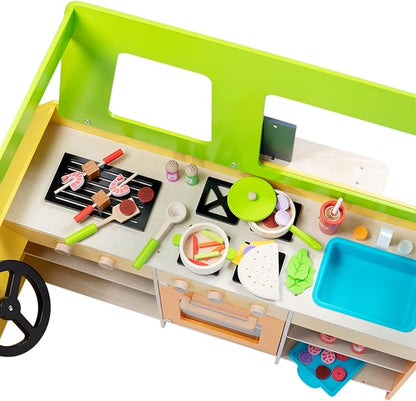 Taco Truck Wooden Playset, 30 Toy Pieces- Cook Top, Steering Wheel Sink Sticker Sheet for Kids Name- Food, Taco Shells, Cheese, Patties- Dual Sided Activity Play Stand Set for Indoor Fun, Ages 3+ Gift