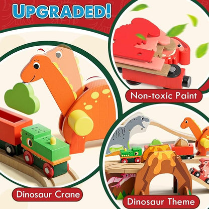 Lehoo Castle Wooden Train Set, Dinosaur Wooden Train Track Set, Wood Toy Train Set for Toddlers 2-4, Train Toys for Toddlers 3-5, Fits Thomas, Fits Brio, Fits Melissa and Doug