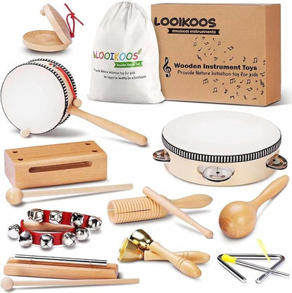 LOOIKOOS Baby Musical Instruments Montessori Toys for Toddlers 1-3,Natural Wooden Percussion Instruments Set for Kids Preschool Educational Musical Toys for Ages 5-9