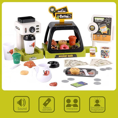 GAGAKU Toy Coffee Maker Machine and Cash Register Kit with Sound Light Kids Kitchen Pretend Play Sets Kitchen Appliances Toy for Boys Girls-Green