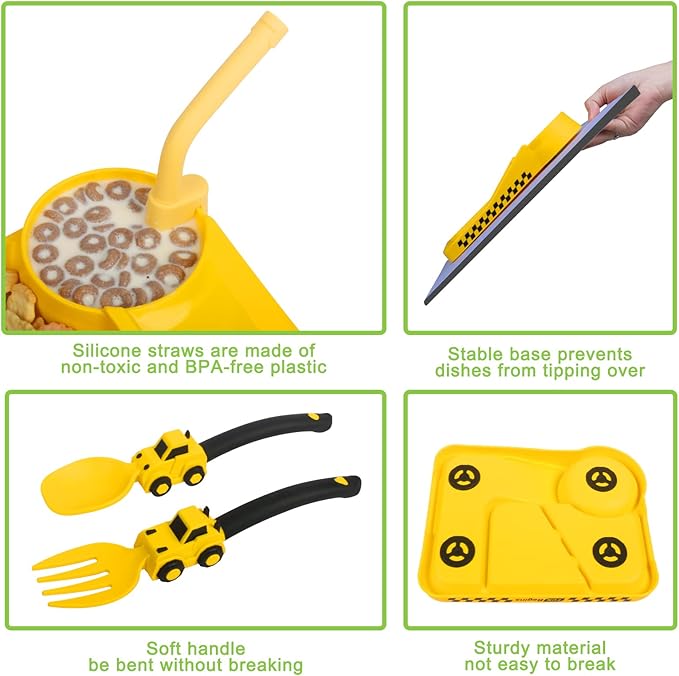 Construction Toddler Plates - Toddler Eating Utensil Set with Removable Straw - Toddler Utensils Set - Baby Plates Feeding Set - for Stocking Stuffers and Birthday Gifts - Yellow